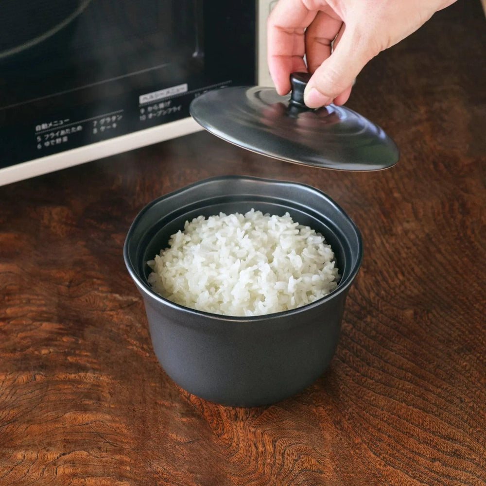 Black Ceramic Floral Ridge Rice Storage Bowl (Ohitsu) - Image 2