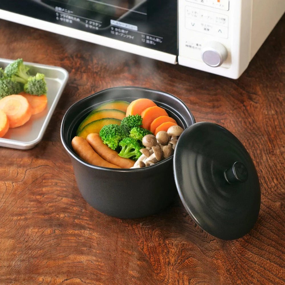 Black Ceramic Floral Ridge Rice Storage Bowl (Ohitsu) - Image 3